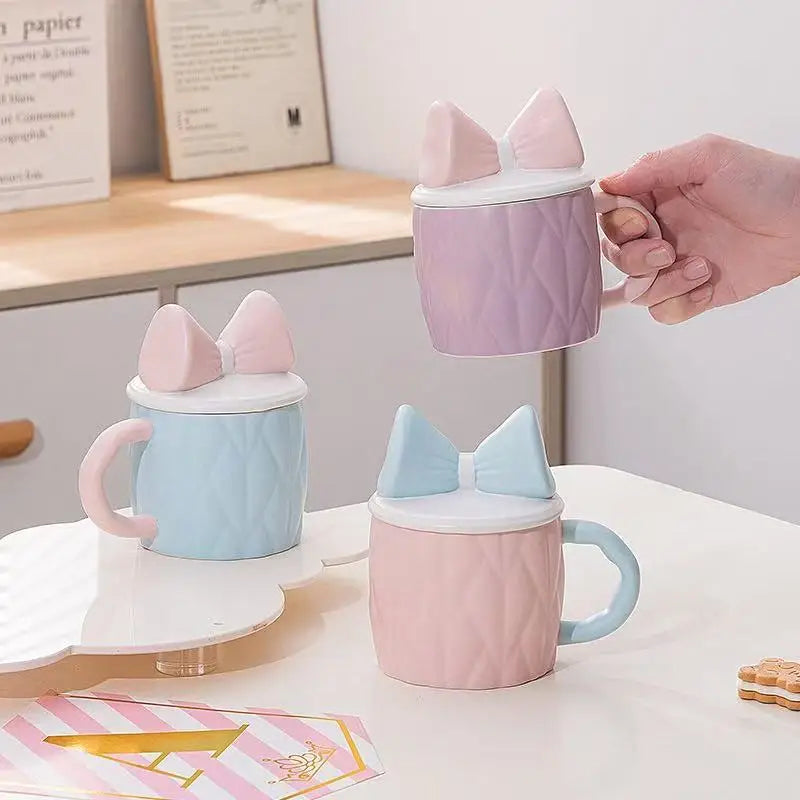 M 370ml Ceramic Coffee Mug With Creative Bow Cover High Beauty Cute Makeup Cup Home Water Mugs Girl Happy Birthday Gift Box