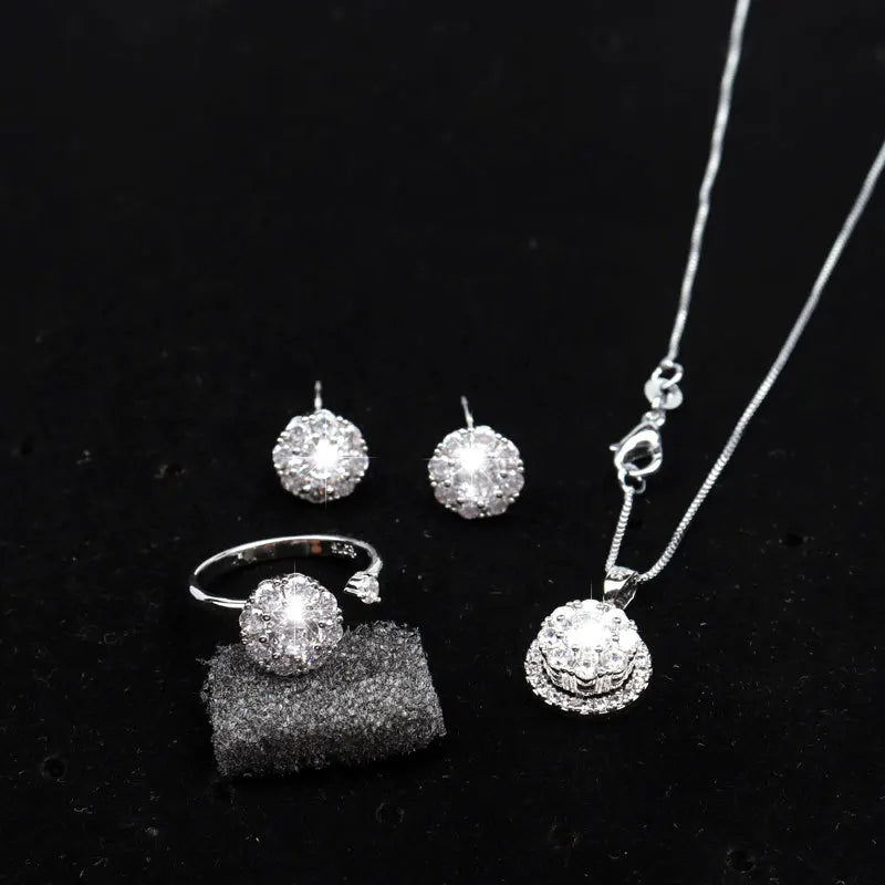 Stainless Steel Cute Solid Christmas Gift Noble Fashion Elegant Women Shiny Crystal CZ Necklace Earring Ring Jewelry Set