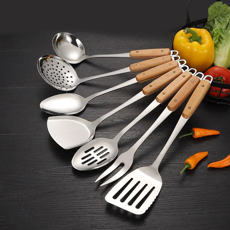 Utensils Kitchen Cooking Tool Set With Flexible MOQ For Boutique Hotel Stainless Steel Wooden Spoon Ladle Spatula Bulk