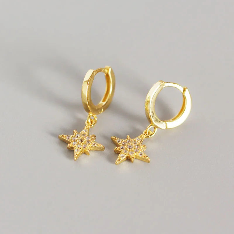 925 Sterling Silver Shiny Cz Paved Star Hoop Earrings Bling Rhinestone Star Hoop Earrings for Women