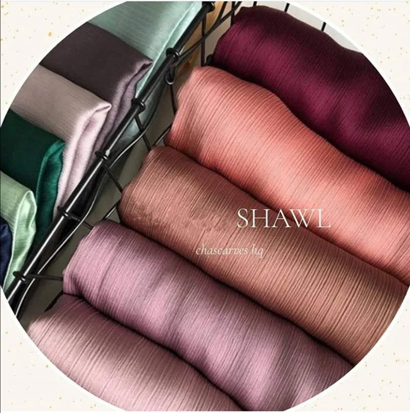2022 Malaysia Ladias Satin Crepe Scarf Shawl Wrap Pleated Silk Hijab in Plain Color for Muslim Women for Autumn