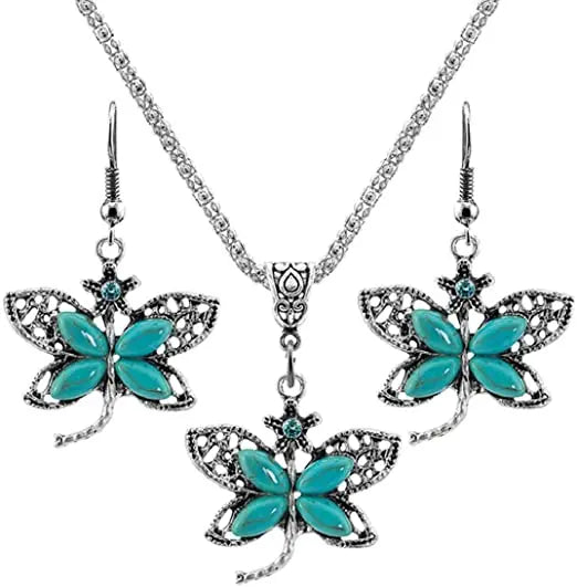 Hot Sale Fashion Women's Retro Turquoise Rhinestone EarringsTeardrop Butterfly Necklace Jewelry Set