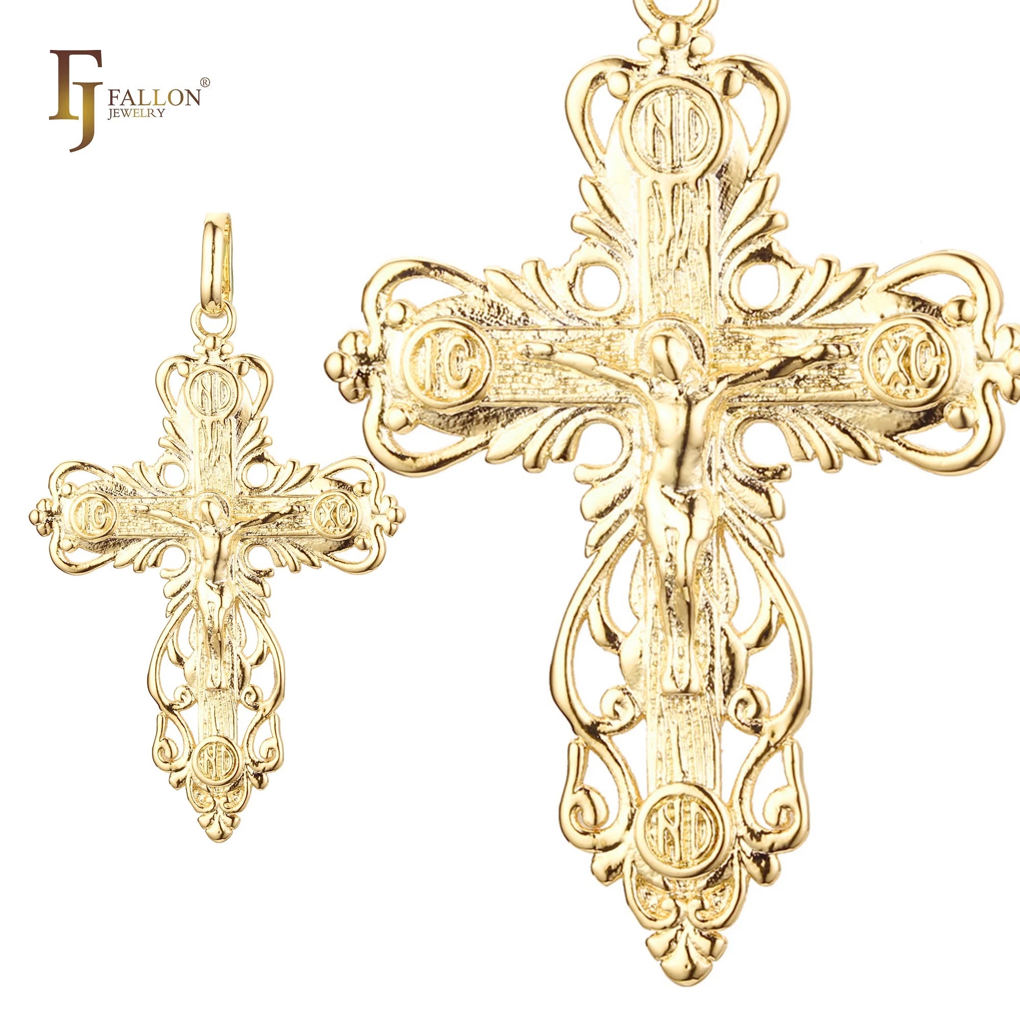 FJ Fallon Fashion Jewelry Catholic Cross Budded Pendant Plated in 14K Gold Brass Based