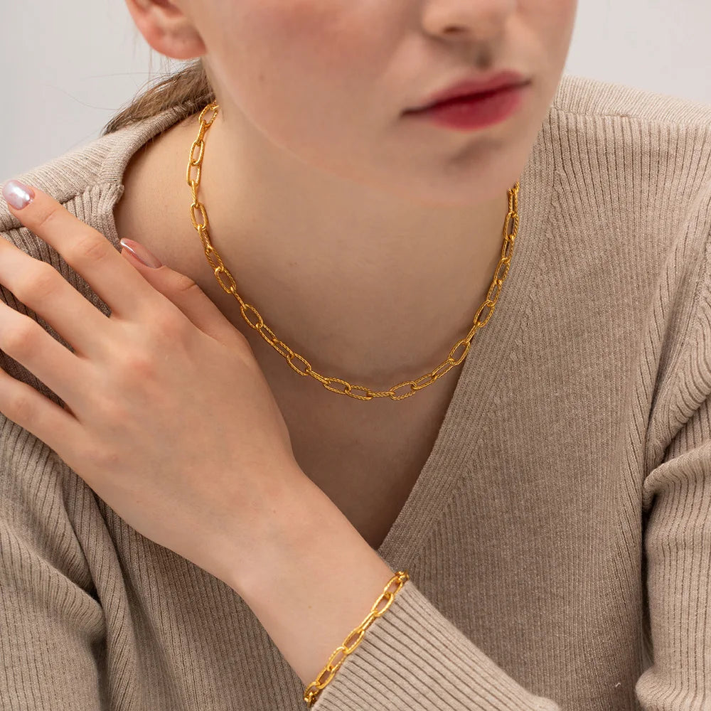 Wholesale Stainless Steel Jewelry Waterproof Gold Plated Threaded Chain Choker Necklace and Bracelet Set Jewelry
