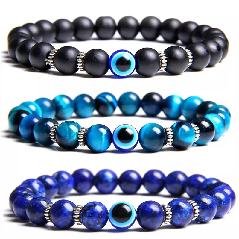 Natural Crystal Stone Lapis Lazuli Evil Eyes Beads Bracelets for Men Women Gemstone Crystal Beads Elastic Force Bracelets