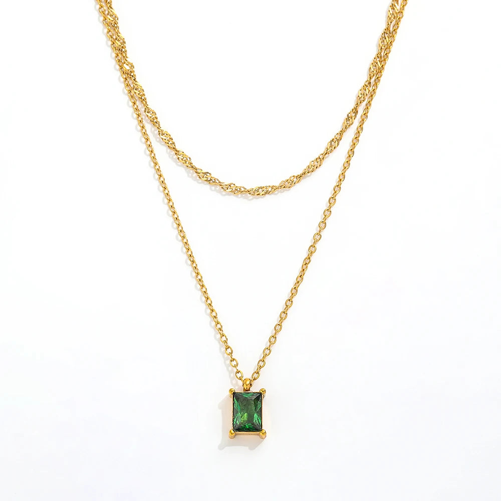 JOOLIM High End Stainless Steel Double-layer Rectangle Emerald Zirconia Pendant Necklace 18K Gold Plated Jewelry Wholesale MegaBDM