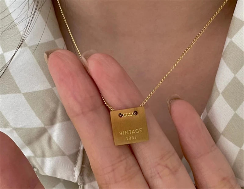 18K Gold Plated Dainty Vintage Square  Pendant Brushed Stainless Steel  Necklace 2022 Jewelry
