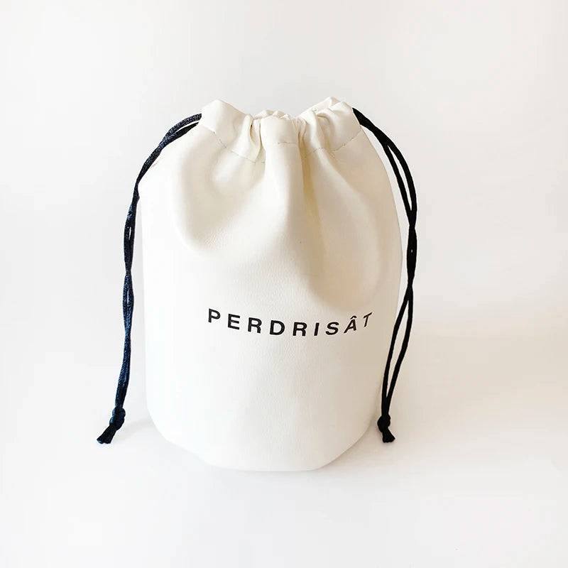 Custom Logo Round Bottom White Drawstring PU Leather Gift Sacks Candle Can Bags