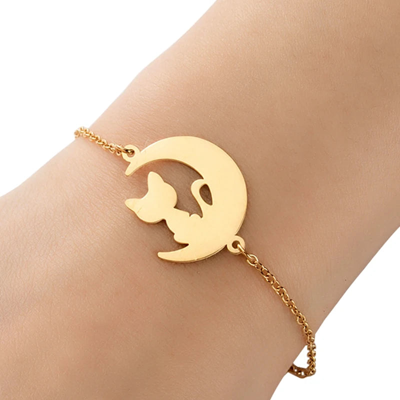 Fashion Non Tarnish Silver 18K Gold Plated Stainless Steel Charm Lucky Cat on Moon Bracelet Jewelry for Women