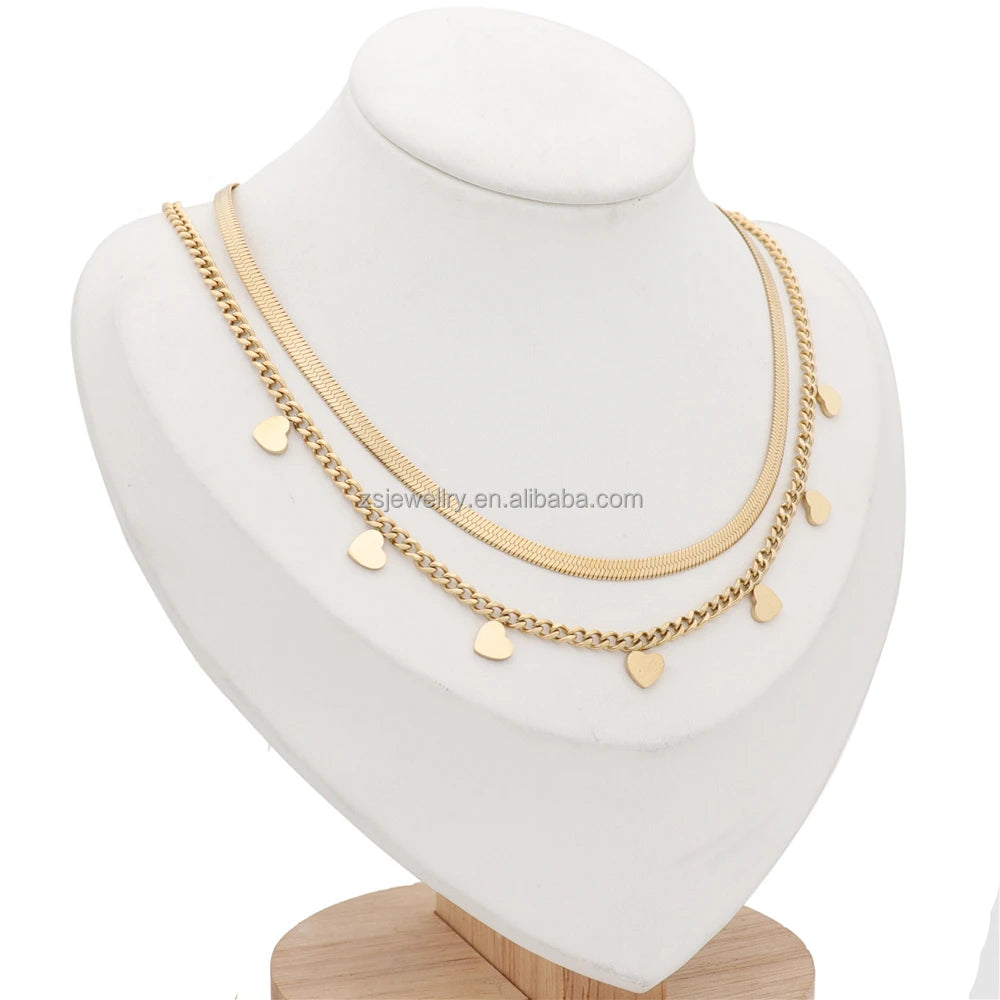 Double Layer Heart Shaped Women Viennois Necklace 18K Gold Plated Custom Zircon Stone Stainless Steel Necklace