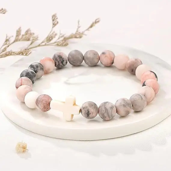 Faith Religious Easter Catholic Christian Marble Cross Bead Bracelet Natural Stone Baptism Bracelets for Christian Gifts