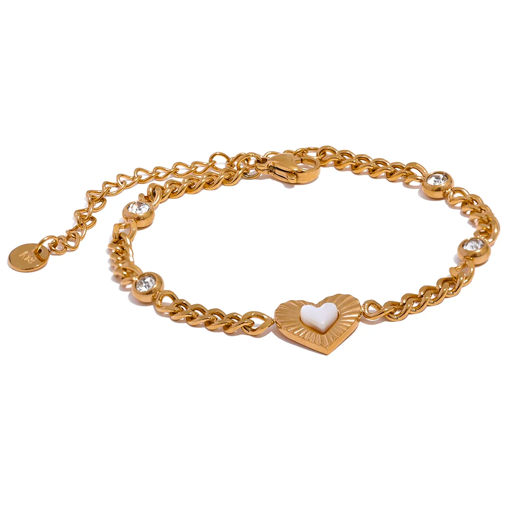 JINYOU 1530 Exquisite Heart Natural Shell Chain Stainless Steel Delicate CZ Bracelet Bangle for Women Waterproof Gold Jewelry