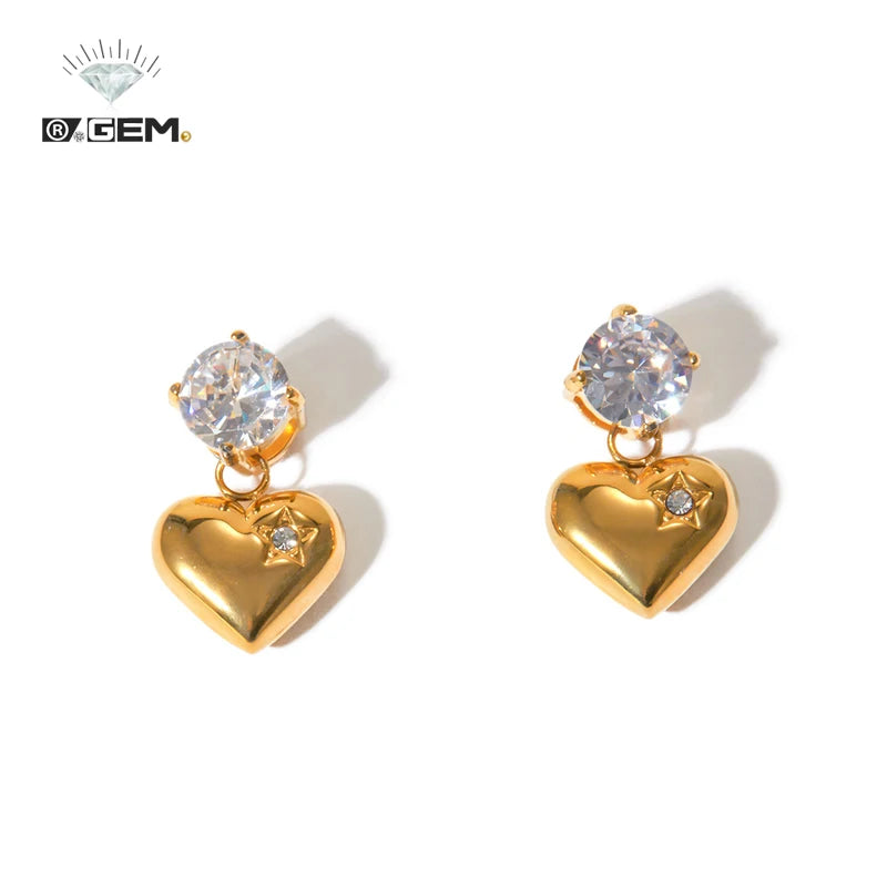 Cheap Heart Pendant 18K Gold Plated Stainless Steel Zircon Fashion Classic New Design R.GEM. Jewelry Earrings for Anniversary