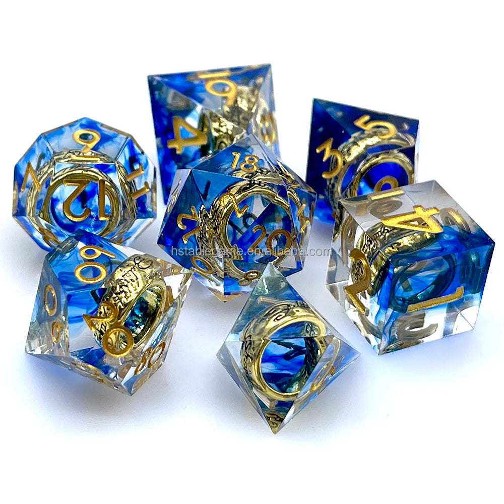 HS Customizable Blue Resin Ring DND Dice Set Sharp Edge Polyhedral Design for Dungeons and Dragons Game Wholesale MegaBDM