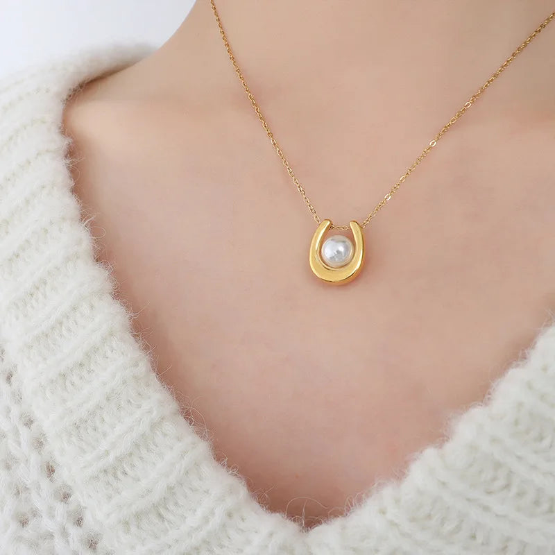 Dainty U Shape Charms Women Stainless Steel Sublimation 18k Gold Plated Pearl Pendants for Necklace