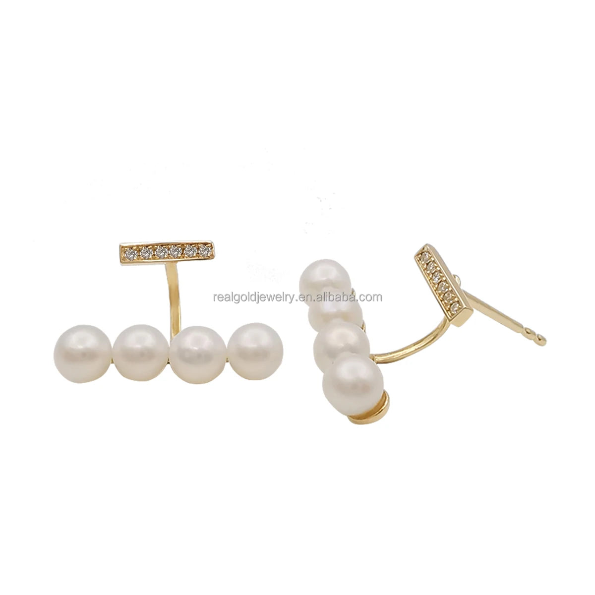 New Arrival Luxury Nature Diamond 14K Real Gold Earrings With 4mm Freshwater Pearl Jewelry Women Cute Gift Party