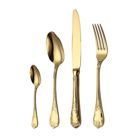 Luxury Stainless Steel 18/10 Mirror Polish Gold Plated Laser Logo Flatware Set for Wedding