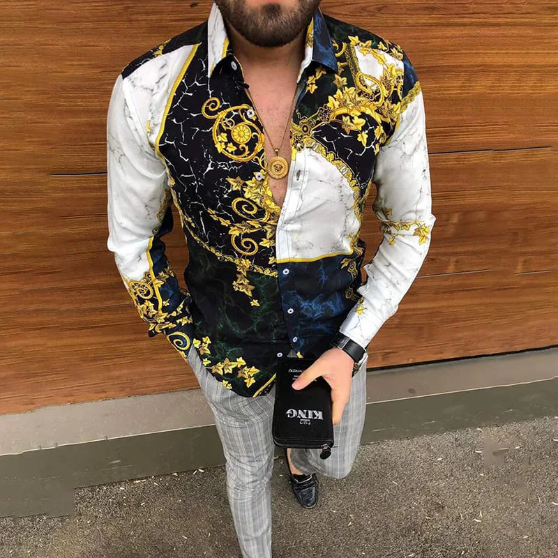New Summer Fall Fashion Men's Shirts Slim Lapel Casual Printing Long Sleeve Shirt
