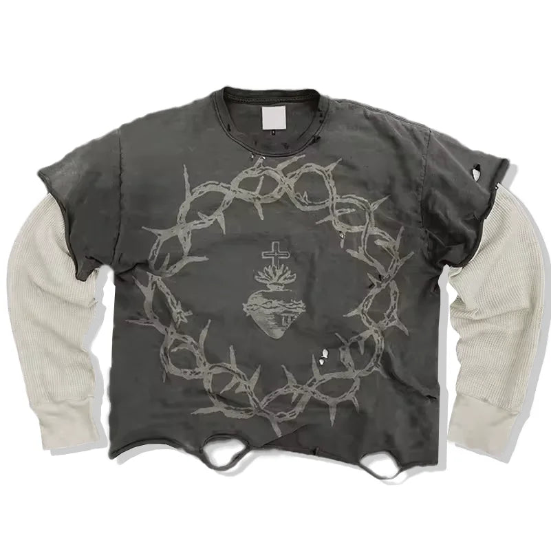 Custom Screen Print T-Shirt Cotton Distressed Acid Wash Vintage Double Layer Long Sleeveless T Shirt for Men