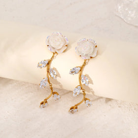Wholesale 18K Gold Plated Rhinestone Earrings Long Flower Stud Earrings Stainless Steel Earrings for Women