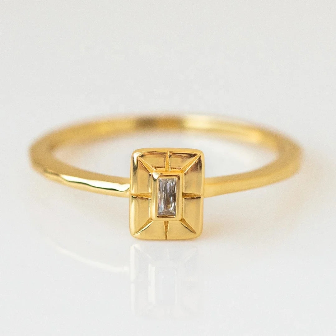 LOZRUNVE 18k Gold Plated Rectangle Art Diamond CZ Wedding Engagement Stackable Ring Women 925 Sterling Silver