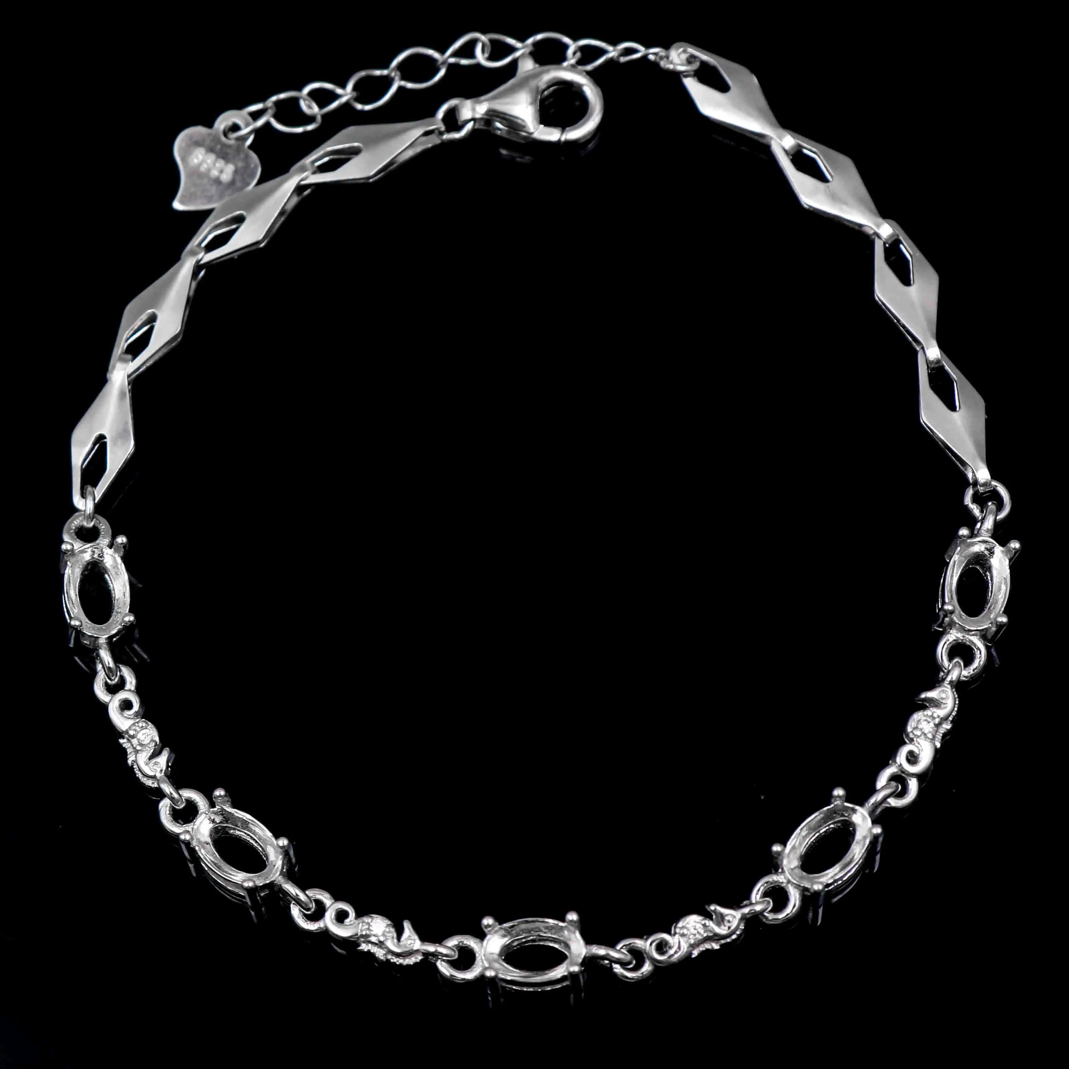 Sterling Silver 4*6mm Semi Mount Bracelet Empty Support Blank Claws Setting S925 Base Holder Without Center Stone Inlay for DIY