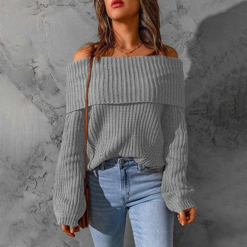 Long Sleeve Ribbed Knit Off Shoulder Solid Color Crew Neck Oversize Sweater Pullover