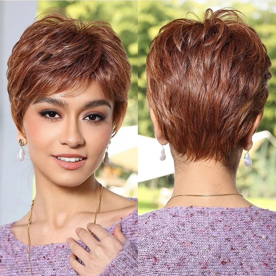 Brown Pixie Cut Synthetic Wigs Red Brown Layered Hair Wig Breathable Knotless MONO Good Lace Front Hair Wigs for Women