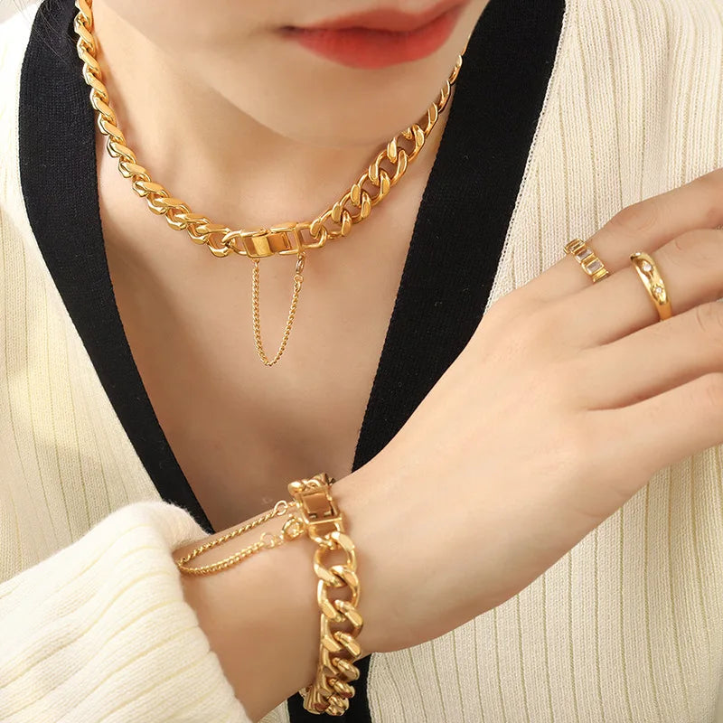 European Personality Exaggerated Stainless Steel 18K Gold Cuban Chain Bracelet Necklace Ring Jewelry Set Wholesale Spot