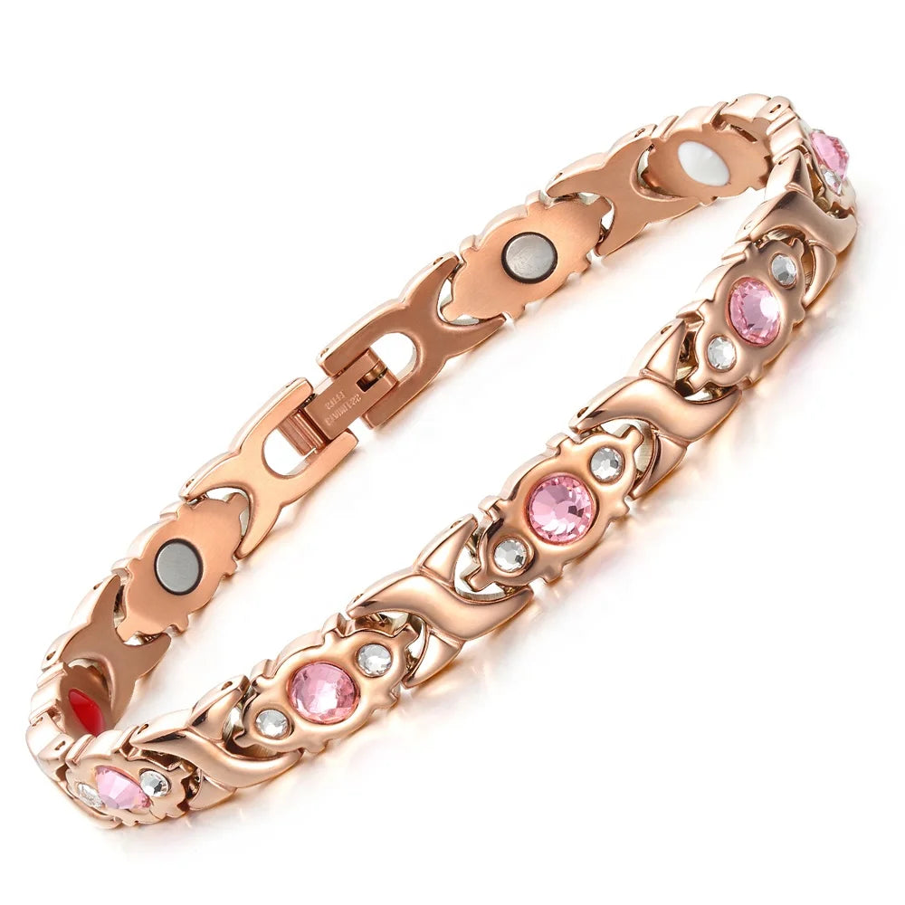 BioMagnetic Jewelry Stainless Steel Rose Gold  Bracelet Crystal Magnetic Bracelets for Women Therapeutic Wristband