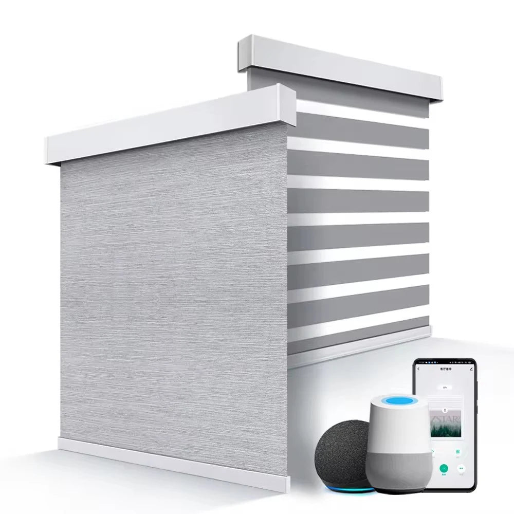 Alexa Smart Home Automatic Window Blinds Zebra Fabric Blind Curtain Day Night Feature Motorized Shade Horizontal Plain Shades