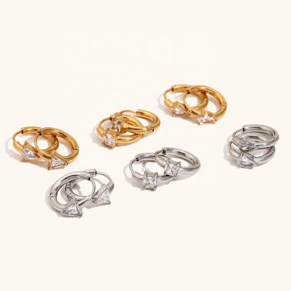 Dingran Minimalist Fashion Jewelry 18K Gold Plated Tarnish Free Stainless Steel Geometric Zircon Hoop Huggie Stud Earring