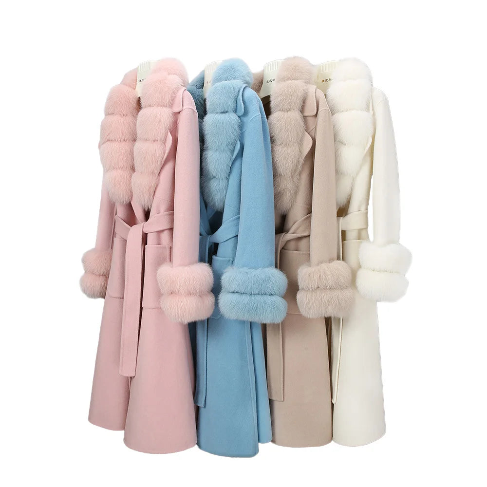 Latest Women Solid Color Loose Casual Long Outer Wear Fashion Wool Coats With Fox Fur