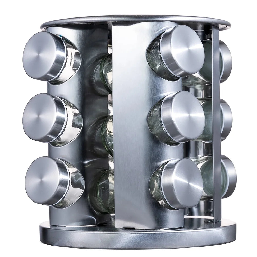 Hot Sale Color Box Blister Rotating Spice Rack 12 Jars Glass Spice Jar Bottle Organizer Set with Stainless Steel Carousel Stand