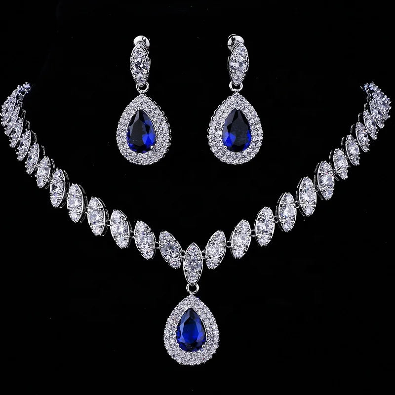 Luxury Minimalist Indian Bridal Jewelry Set Wedding Cubic Zirconia Water Drop Dangle Stud Earrings Choker Necklace Sets