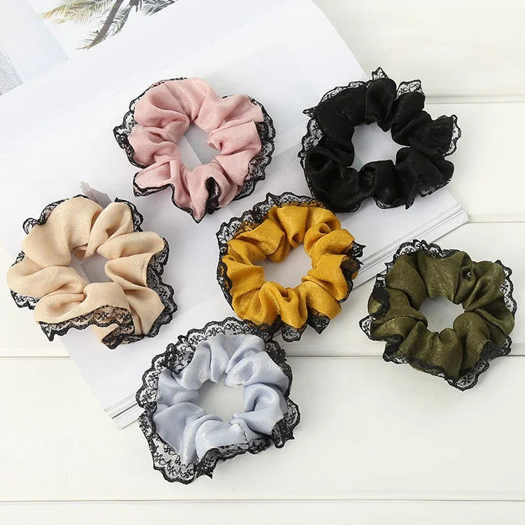 Wholesale Women Accessories Plain Solid Color Satin Silk Lace Hair Scrunchies Tulle