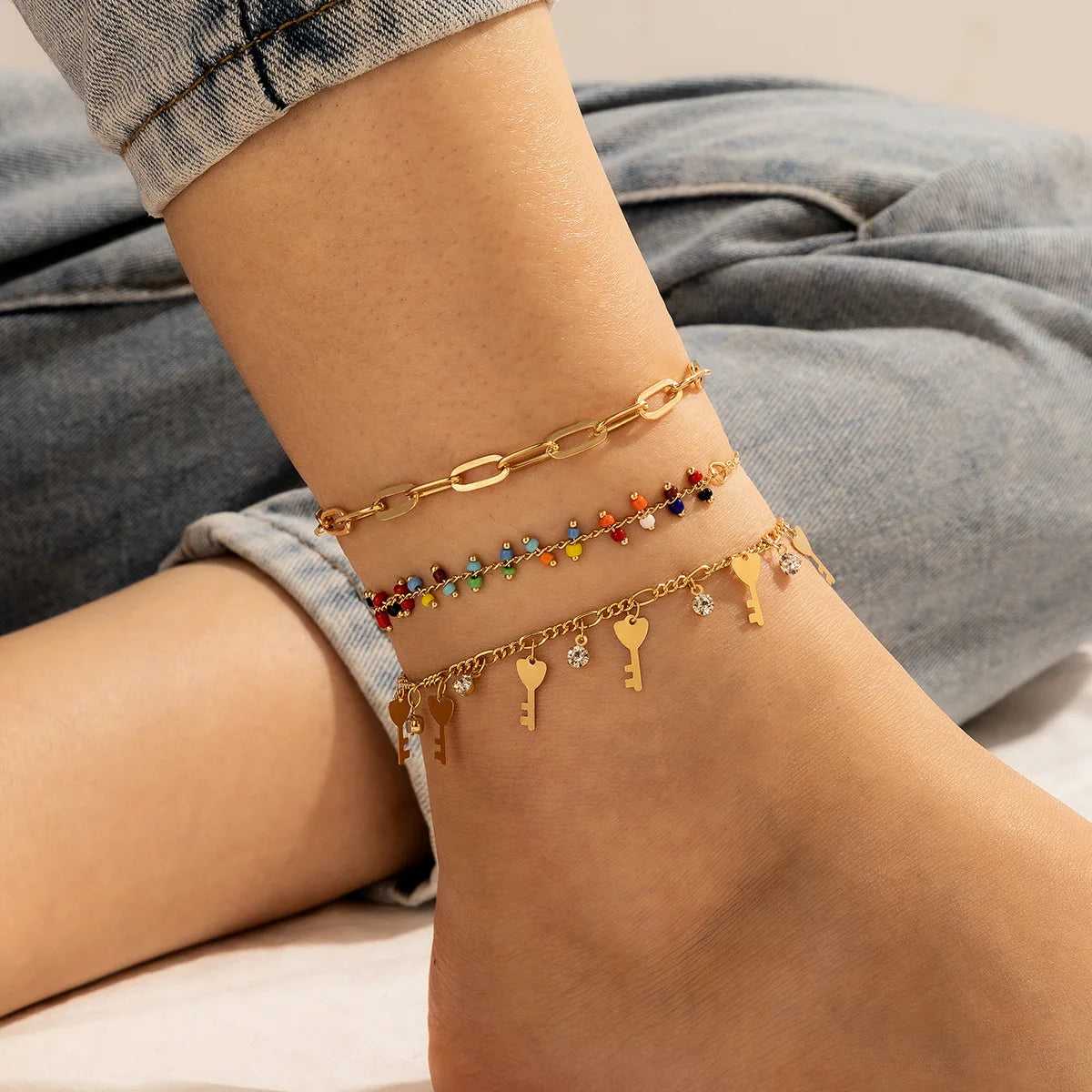 Gold Plated Chain Anklet for Women Beads Tassel 3pcs/set Anklets Beach Accessory