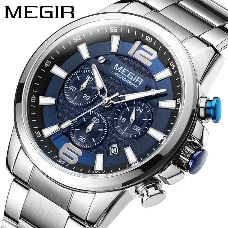 MEGIR 2156 New Top Luxury Mens Sport Quartz Watches Stainless Steel Watch for Men Waterproof Luminous Chronograph Wristwatch