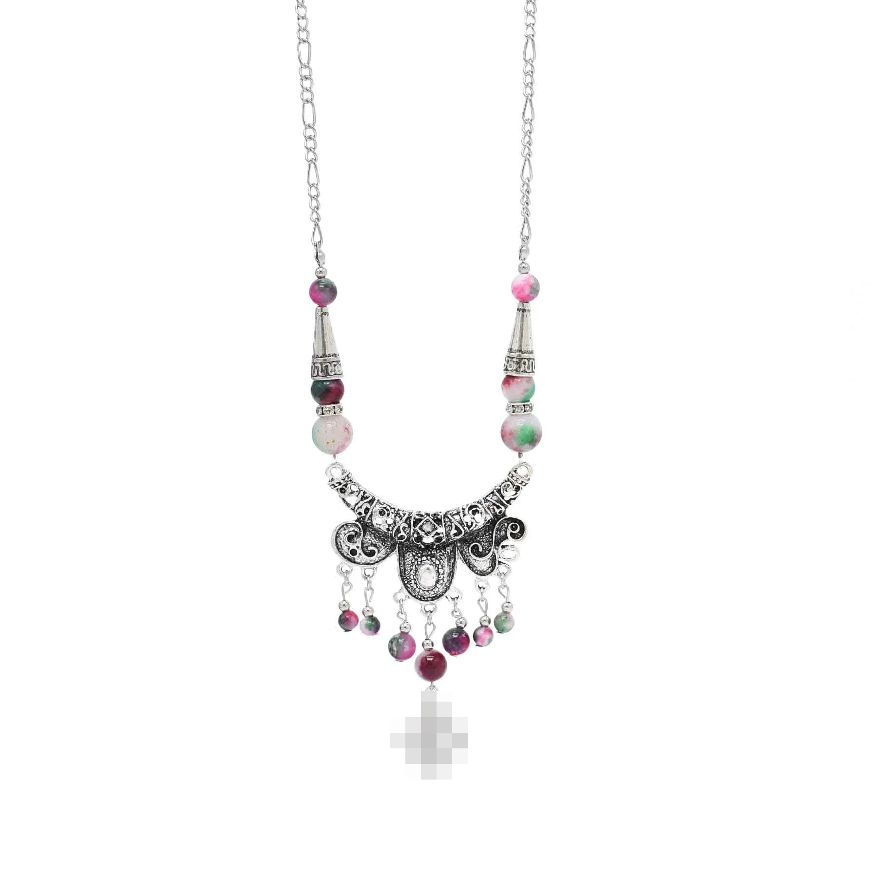 Ethnic Silver Alloy Pink Bead Tassel Cotton Rope Necklace for Women Girls