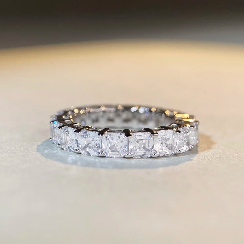 Fine 4 Carats Diamond Jewelry 5A Cz Colored Cubic Zircon Eternity Princess Cut Band Wholesale Price Wedding 925 Silver Rings