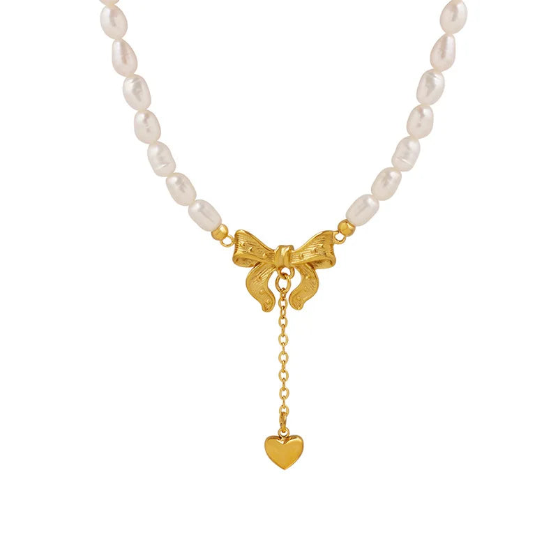 Waterproof Stainless Steel 18K Gold Plated Freshwater Pearl Necklace Bow Heart Tassel Pendant Jewelry
