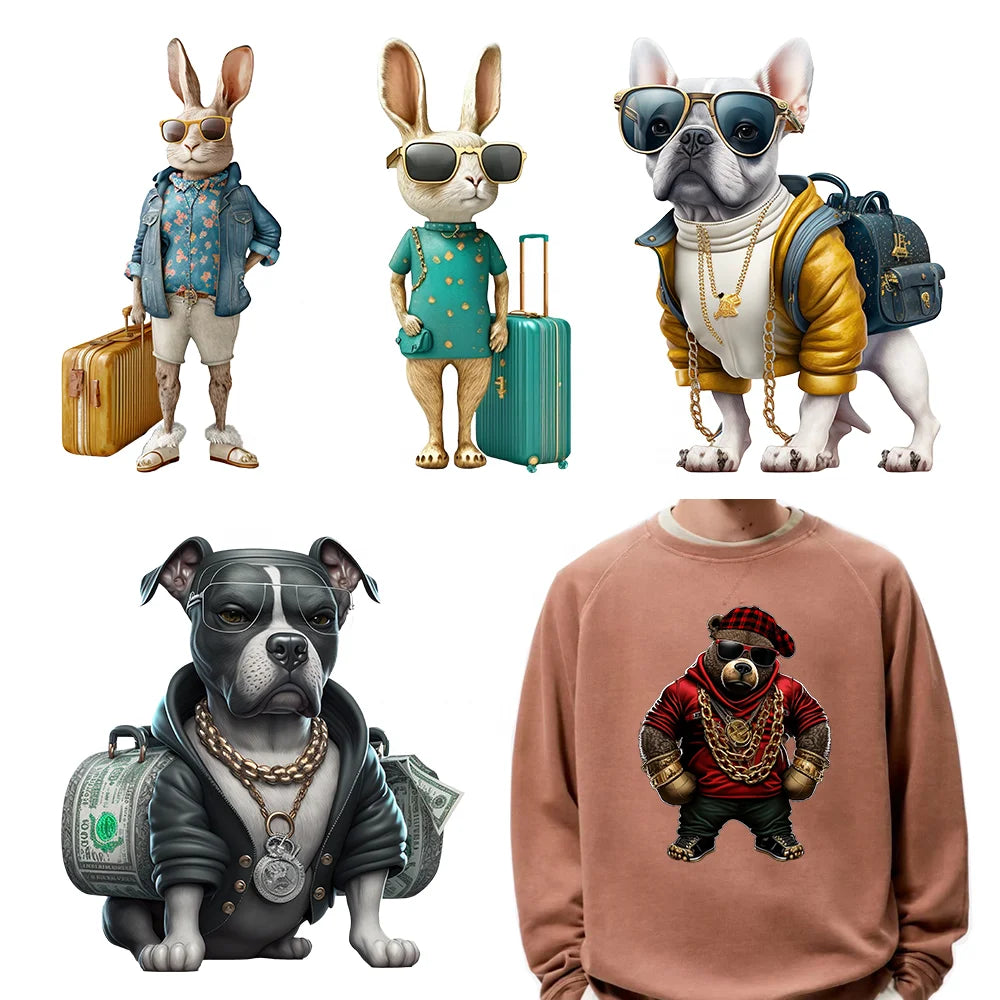 Custom Iron on Cool Bear Rabbit DTF Printing Sticker Hip Pop Street Hustle Animals Heat Transfer Stickers for Clothes