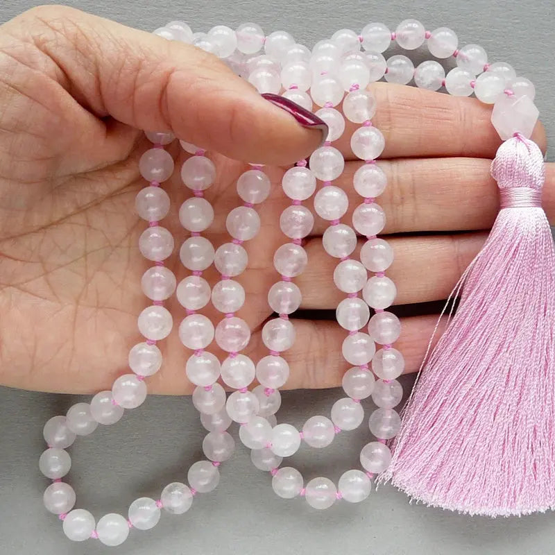 8mm Rose Quartz 108 Beaded Japamale Long Necklaces Healing Crystal Yoga Gift Meditation Necklace Rose Quartz Jewelry for Women