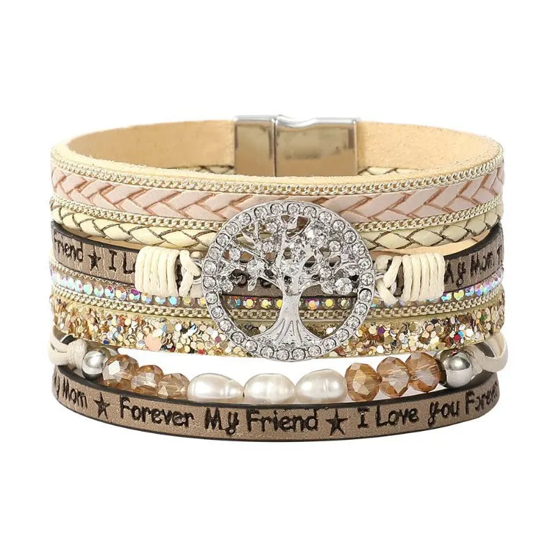 Wholesale Hot Selling Tree of Life Rhinestone Beads Leather Braceletsfor Women Birthday Easter Jewelry Gifts for Teen Girls