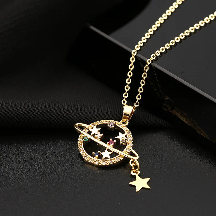 Women's 18K Gold Plated Copper Necklace with Crystal Zircon Star Planet Pendant Classic Style for Anniversaries