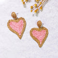 Holiday Seaside Love Heart Hoop Boho Statement Earrings Handmade Raffia Knitting Dangle Earrings for Women