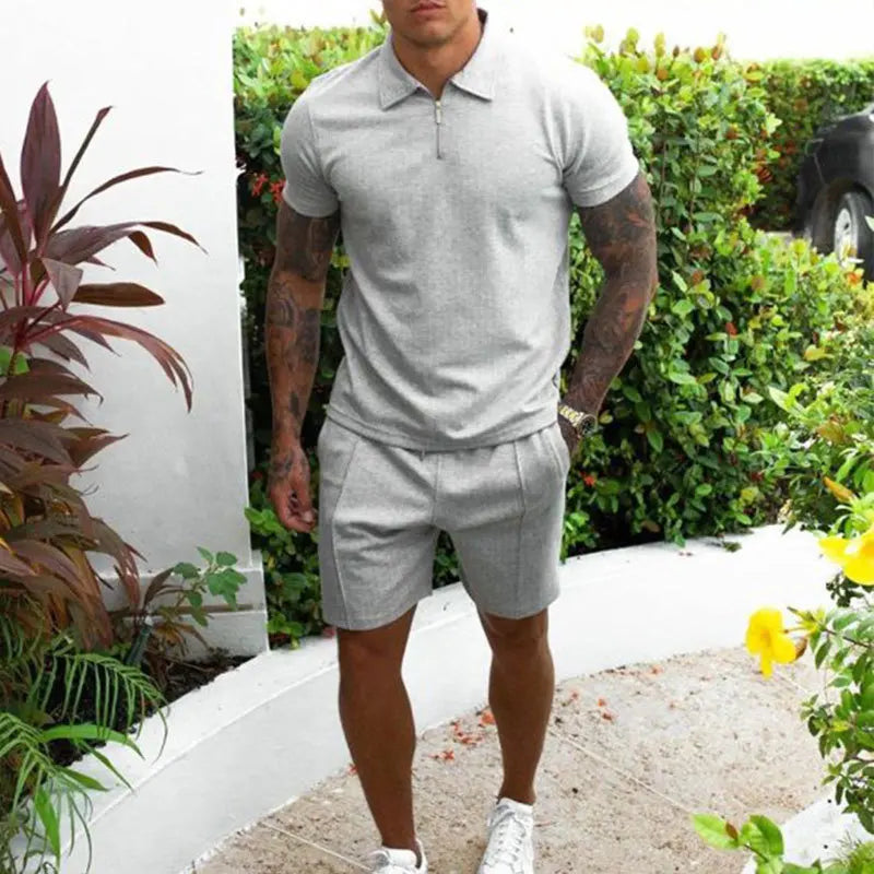 S-3XL Men's Tracksuit Cotton Solid Color Short Sleeve Zipper Polo Shirt&Shorts Set for Men Casual Streetwear 2-piece Suit Summer