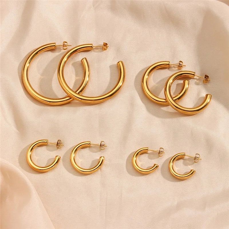 Exaggerate Stainless Steel Tarnish Free Jewelry Big Round C Shape Hoop Earrings 18K Gold Plated Stud for Women