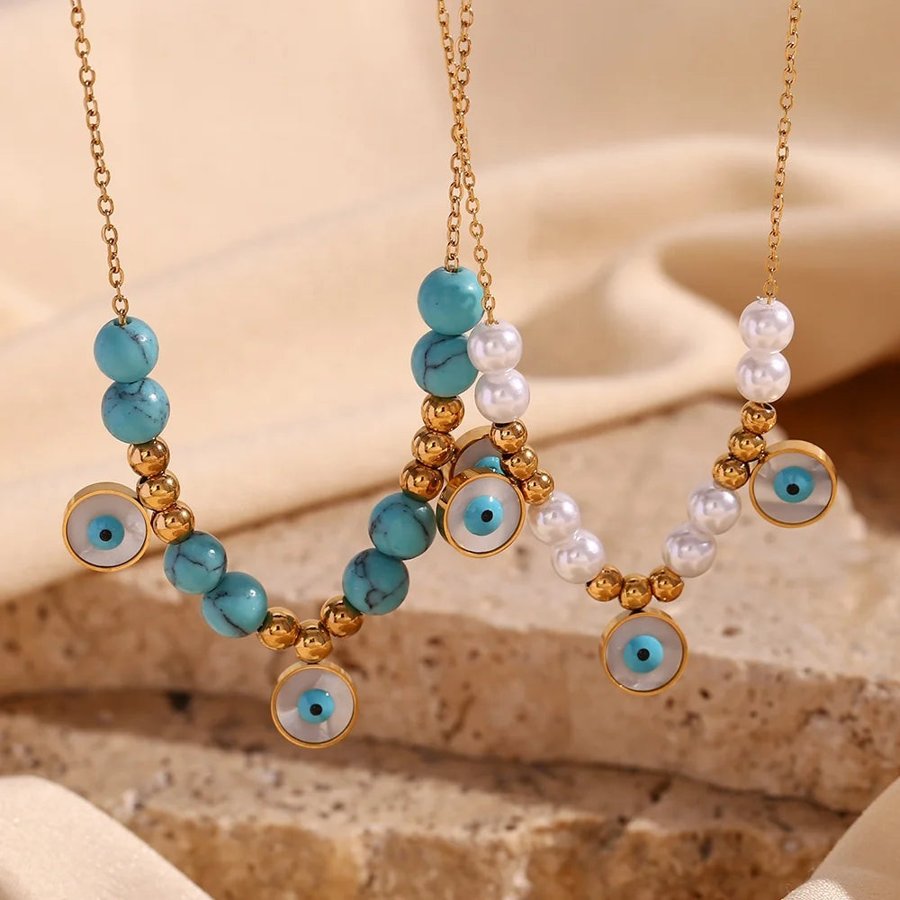Turquoise Jewelry Evil Eye Pendant Necklace Imitation Pearl Stainless Steel Charm Necklace