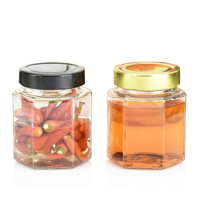 Ready to ship 250ml 500ml glass hexagon honey jar with lid for food